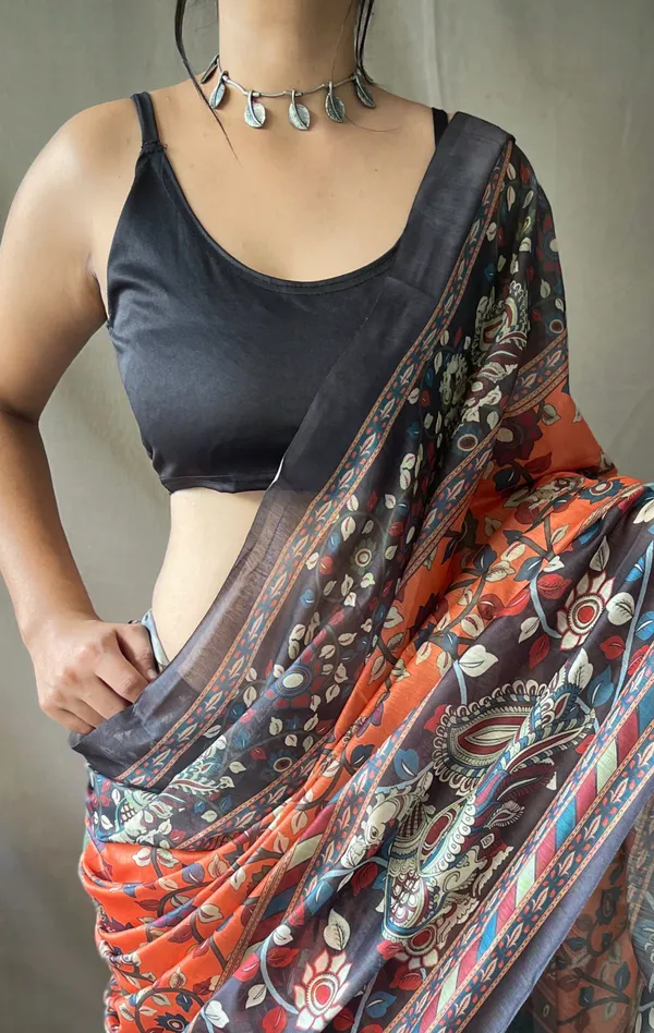 Goldfish_Orange_Soft_Cotton_Kalamkari_Print_Saree_With_Blouse_Piece_Attached
